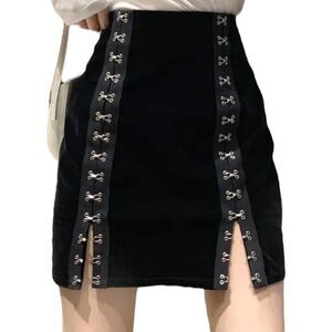 Black Split Side Front Silver Hooks Accents Fitted Mini Skirt NEW